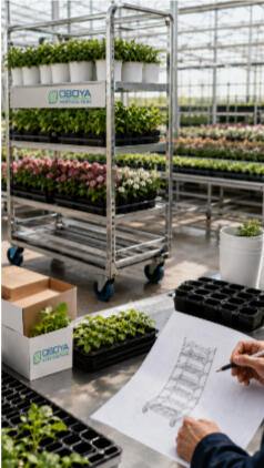 Oboya horticulture trolley and planting supplies being reviewed in a greenhouse.