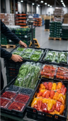 Fresh produce packaging moving through a retail distribution operation.